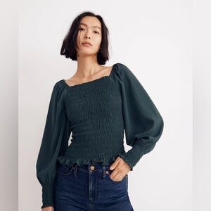 Madewell Dark Green Smocked Blouse